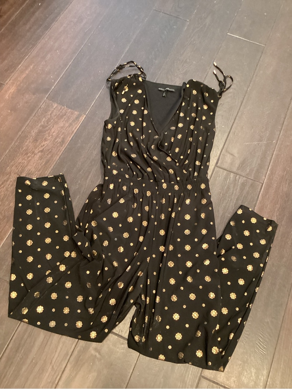 White House Black Market Black Jumpsuit with Gold Dot Print